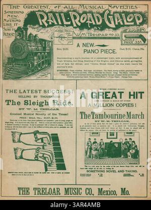 Dieses Notenblatt für „Sturgeon High School“ enthält eine Komposition aus märzen und zwei Schritten, die den Schülern gewidmet ist, mit Werbung für andere Musikwerke auf der Rückseite. Stockfoto