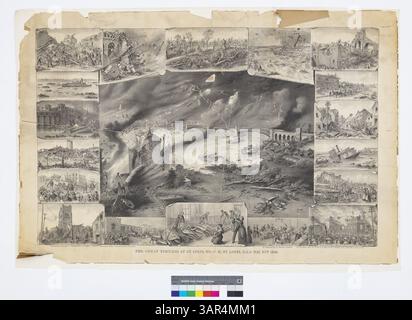 Dieses historische Bild zeigt den Tornado von 1896, der St. Louis (Missouri) und East St. Louis (Illinois) traf. Es zeigt den Tornado, der den Mississippi in der Nähe der EADS-Brücke überquert, mit umliegenden Szenen aus den Nachwirkungen der Zerstörung. Stockfoto