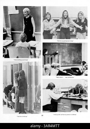 Das Breck Jahrbuch 1973 mit dem Titel „Mustang“ dokumentiert die wichtigsten Momente des Schuljahres 1972-1973 und zeigt Schüler, Lehrer, Vereine, Leichtathletik, und bemerkenswerte Ereignisse an der Breck School. Stockfoto