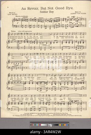 Dieses Cover enthält das Lied „Au revoir, but not good-bye (Soldier Boy)“ mit Stimmbereich D4-E5, das während des Ersten Weltkriegs veröffentlicht wurde, um die öffentliche Unterstützung für Soldaten zu fördern und den Krieg zu gewinnen. Stockfoto