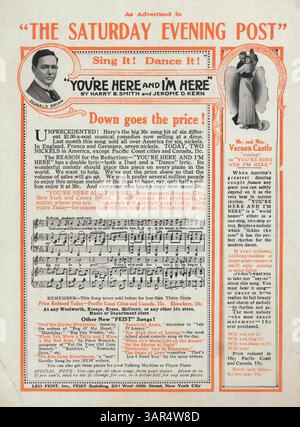 Dieses Notenblatt mit der Nummer 3148 präsentiert Musikausschnitte zu „The Two Song Sensations of the New Season“. Auf der Rückseite befindet sich eine Werbung aus der Saturday Evening Post für „You're Here and I'm Here“ mit einem musikalischen Auszug. Stockfoto