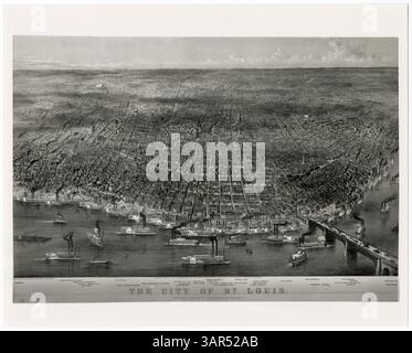 Ein Schwarzweiß-Druck zeigt einen Blick auf St. Louis aus der Vogelperspektive, mit Dampfbooten, die den Mississippi River navigieren und am Deich ankern, mit der EADS-Brücke und den Menschen, die sie überqueren. Stockfoto
