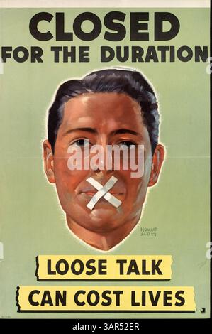 Ein Mann mit verschlossenem Mund, symbolisiert die Bedeutung von Schweigen und Wachsamkeit während des Krieges. Dieses Bild unterstreicht die Gefahren indiskreter Sprache und den möglichen Schaden, den sie verursachen könnte, insbesondere im Hinblick auf Spionage. Stockfoto