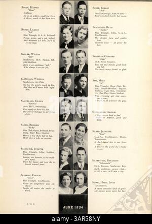 Das South High Yearbook „Tiger“ 1934 zeichnet das Schuljahr 1933-1934 auf und zeigt Schüler, Lehrer, Vereine, Leichtathletik, und bemerkenswerte Ereignisse. Das Jahrbuch beleuchtet auch die afroamerikanische Geschichte und Beiträge innerhalb der Schulgemeinschaft. Stockfoto