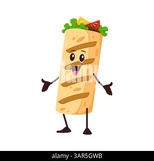 Cartoon Burrito und Fastfood lustige Sandwich-Charakter, Vektorfigur. Burrito-, Döner-Shawarma- oder Gyros-Charakter mit Happy Lächeln im Gesicht für Fast Food-Emoji oder Tex Mex mexikanische Küche Sandwich Stock Vektor