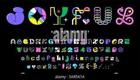 Moderne y2k-Schriftart, geometrische brutale Schrift, trippige Schriftart Alphabet-Vektor-Typografie. Abstrakte Schriftbuchstaben und Zahlen von farbigen ästhetischen Formen und brutalistischen Figuren. Y2K geometrischer Typ englisch abc Stock Vektor