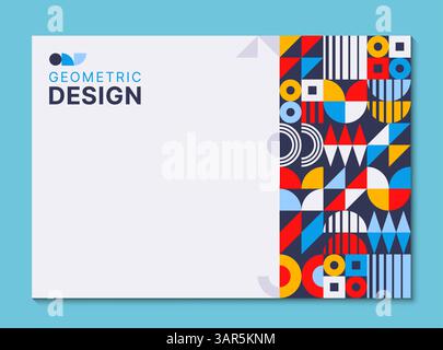 Abstraktes Poster mit geometrischen Formen im modernen trendigen Muster, Vektorhintergrund. Poster mit Rahmen aus geometrischen Formen und einfachen Figuren oder Farbelementen für Präsentationshintergrund Stock Vektor
