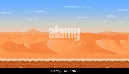 8-Bit-Pixel-Kunst-Sanddünen, Wildwüstenlandschaft. Vektorgepixelte Retro-Hintergrundszene mit sanften Sanddünen, klarem blauem Himmel und mehrschichtiger Bodenstruktur für 2D-Platformer-Videospiel-Abenteuer Stock Vektor