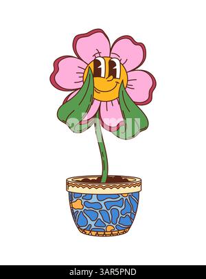 Cartoon groovige Hippie Blume Topf Pflanze Charakter. Fröhliche Vektorblüte mit rosafarbenen Blüten und gelbem Gesicht aus einem blauen Topf mit Mosaikmuster, der eine lustige, nostalgische und Hippie-y2k-Atmosphäre verkörpert Stock Vektor