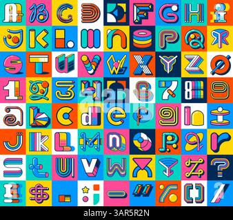 Retro y2k psychedelische Schriftart, funky Schriftart, geometrische Schriftzeichen, helles grooviges Alphabet. Vintage funky y2k Schriftart englisch abc Buchstaben und Zahlen Vektor Typografie Set. Abstrakte geometrische Form Stock Vektor