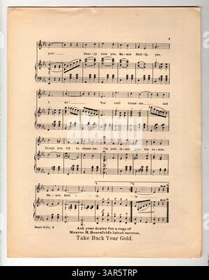 Dieses Lied, das als „Latest by the Girl Who Writte Sweet Rosie O’Grady“ gelistet ist, enthält eine Werbung auf der Innenseite des Covers mit musikalischen Ausschnitten aus verschiedenen Liedern, die von Jos veröffentlicht wurden. W. Stern. Der Song ist Miss Lottie Gilson gewidmet und enthält Werbung für andere Songs wie Wish Daddy Good-Luck Today und Take Back Your Gold. Auf der Rückseite sind Musikausschnitte von Monroe H. Rosenfeld zu sehen. Stockfoto