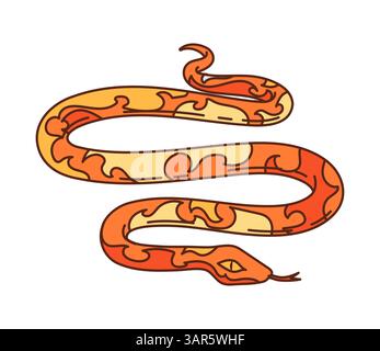 Cartoon-groovige wilde westliche gewickelte Schlange mit einem orange-gelben gemusterten Körper, isolierte Vektorwüste Reptilientier repräsentiert Gefahr, Tarnung und die wilde Natur der westlichen Grenze Stock Vektor