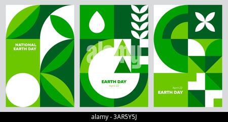 Poster mit geometrischem Muster. Vertikale Vektorhülle oder Layoutvorlagen für die Feier am 22. April. Umweltbewusstsein mit modernen modularen Mosaikformen in Grün und weiß Stock Vektor