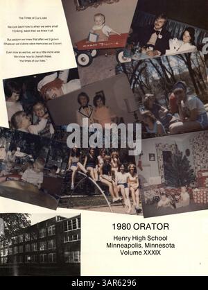 Die 1980 erschienene Ausgabe von „Orator Eighty“, dem Jahrbuch der Patrick Henry High School, dokumentiert die wichtigsten Ereignisse, Schüleraktivitäten, Vereine, Lehrer und Leichtathletik aus dem Schuljahr 1979-1980 und beschreibt die Erfahrungen der High School dieser Zeit. Stockfoto