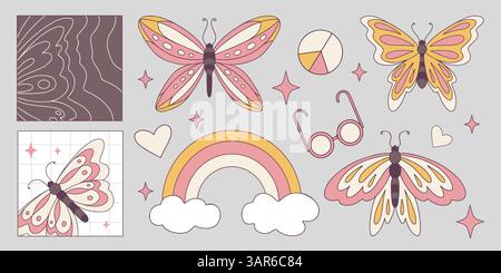 Schmetterlinge im Retro-Stil isoliert auf Hintergrund. Vektor-Karikaturillustration von schönen Vintage fliegenden Insekten mit Flügeln, Regenbogen, Herz, Brillensymbolen, groovigen Design-Elementen für alte Poster Stock Vektor
