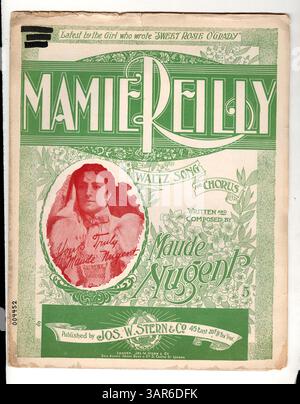 Liedblatt für Mamie Reilly mit Musik für Miss Lottie Gilson. Das Cover enthält Werbung für verschiedene Lieder und Musikausschnitte, die populäre Lieder von Max S. Witt und Monroe H. Rosenfeld zeigen. Stockfoto