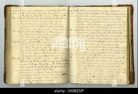 Die Eliza G. Randolph Post Collection, Band 10, Memorandum Book No. 9, erstreckt sich vom 1. Januar 1848 bis 1850 und beschreibt das Leben der Familie Randolph auf ihrer Farm im Pulaski County, Illinois, zusammen mit ihrem Umzug nach Mount Morris, Ogle County, Illinois, Ende 1848. Stockfoto