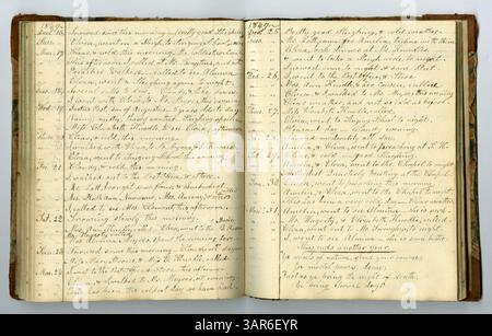 Eliza G. Randolphs Memorandum Book Nr. 9, das von 1848 bis 1850 reicht, beschreibt den Alltag einer Familie auf einer Farm im Pulaski County, Illinois, und ihren Umzug nach Mount Morris, Illinois. Stockfoto