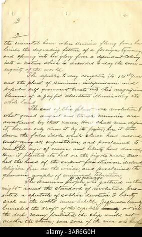 Diese Manuskriptrede von John O’Keefe, gehalten am 4. Juli 1897, beschreibt die Geschichte Amerikas und konzentriert sich auf die wichtigsten Ereignisse und Entwicklungen bis zu dieser Zeit. Sie wurde in Russell, Iowa, präsentiert. Stockfoto