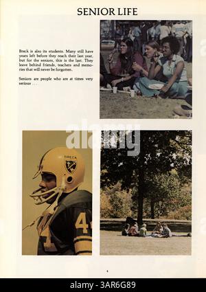 Dieses Jahrbuch, das 1975 von der Breck School veröffentlicht wurde, zeigt Highlights aus dem akademischen und sportlichen Leben des Schuljahres 1974-1975. Es enthält Porträts von Studenten, Lehrkräften sowie Bilder von Sportveranstaltungen und sozialen Aktivitäten. Stockfoto