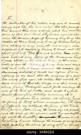 John O’Keefes Manuskriptrede, die am 4. Juli 1897 vorgestellt wurde, beschreibt wichtige historische Meilensteine der Vereinigten Staaten und wurde in Russell, Iowa, gehalten. Stockfoto