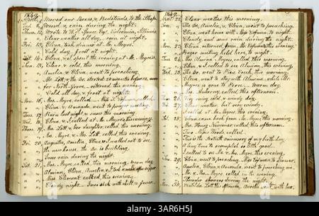 Dieser Band der Eliza G. Randolph Post Collection, Memorandum Book No. 9, beschreibt das tägliche Leben auf einer Farm im Pulaski County, Illinois vom 1. Januar bis 12. November 1848 und den anschließenden Umzug nach Mount Morris, Ogle County, Illinois vom 13. November 1848 bis 1850. Stockfoto
