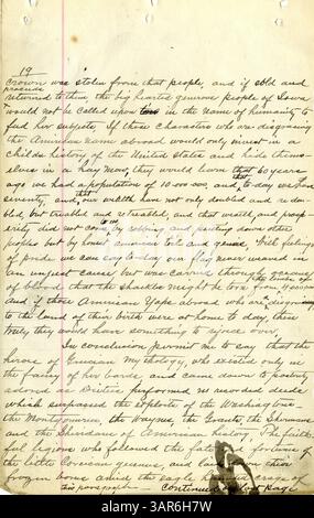 Das Manuskript der Rede von John O’Keefe vom 4. Juli 1897 reflektiert die historische Entwicklung Amerikas mit einem Schwerpunkt auf Patriotismus und Nationalstolz. Sie wurde in Russell, Iowa, präsentiert. Stockfoto