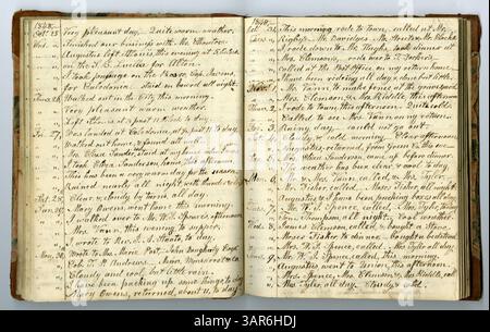 Dieser Band der Eliza G. Randolph Post Collection, Memorandum Book No. 9, beschreibt das Farmleben der Familie Randolph in Pulaski County, Illinois, von Januar bis November 1848 und ihren Umzug nach Mount Morris, Ogle County, Illinois, von November 1848 bis 1850. Stockfoto