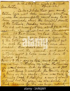 Katherine Hurds Brief an ihre Mutter vom 18. April 1912 beschreibt die Rettungsbemühungen und das Einsteigen von Überlebenden der Titanic an Bord der RMS Carpathia nach dem Untergang. Stockfoto