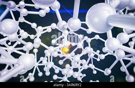 3D-Darstellung weißer Molekülstrukturen auf dunkelblauem Hintergrund Stockfoto