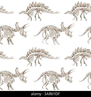 Nahtloses Muster mit Dinosaurierskeletten. Traceratops und Diplodocus. Prähistorische Reptilien und Tiere. Knochen und Fossilien des Jura Stockfoto