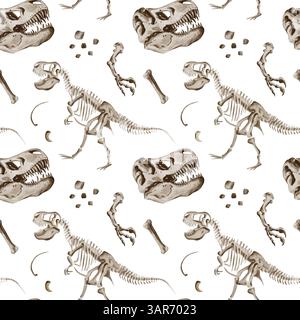 Nahtloses Muster mit Dinosaurier Rex Skelett. Theranosaurus Teile, Knochen und Pfoten. Jurassische Fossilien und Felsen. Aquarellabbildung ohne Stockfoto