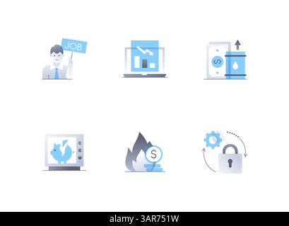 Finanzielle Schwierigkeiten und Arbeitslosigkeit - flache Symbole im Stil Stock Vektor