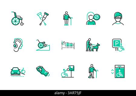 Verletzungen und Rehabilitation – Set von Symbolen im Liniendesign Stock Vektor