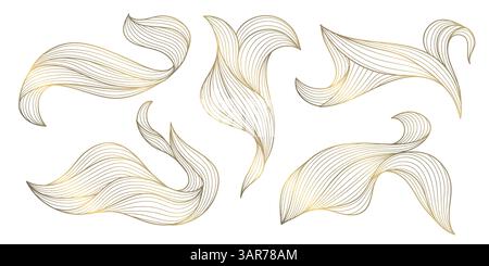 Vektorsatz abstrakter Linienwellenelemente, Art-Deco-goldene Strudel-Luxusformen, Blätter, Strömungswasserschablonen. Elegantes, modernes Design mit Glitzerverzierungen. Stock Vektor