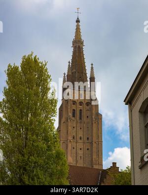 Blick von unten auf den Glockenturm der Kirche unserer Lieben Frau, auf die schöne Stadt Brügge, Belgien an einem sonnigen Frühlingstag Stockfoto