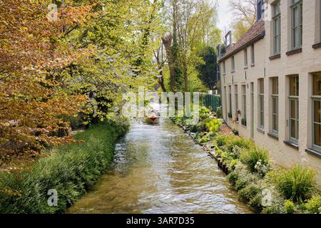 Ein Touristenboot segelt entlang eines üppig grünen Kanals in Brügge, Belgien, flankiert von Bäumen und einem traditionellen Gebäude. Malerischer Frühlings-/Sommerblick. Stockfoto