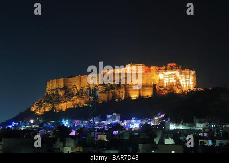 Mehrangarh Fort in Jodhpur, Rajasthan, Indien, Nachtblick Stockfoto