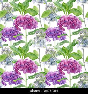 Hortensie-Blüten-Muster. Aquarell von rosa, lila und weißen Blumen isoliert auf weißem Hintergrund. Gut für Postkarten, Einladungen Stockfoto