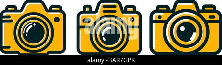 Gelbe Kamerasymbolgruppe. Foto-Kamera-Schild. Stock Vektor