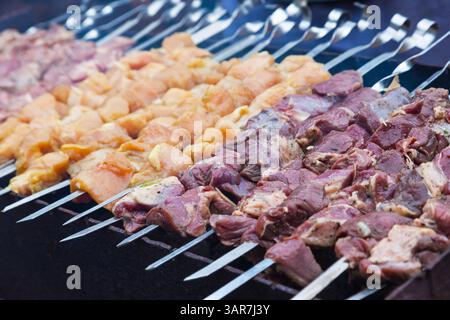 Drei Fleischsorten auf Spießen auf dem Grill. Schweinefleisch-, Hühnchen- und Lammstücke auf Spießen auf dem Grill. Stockfoto