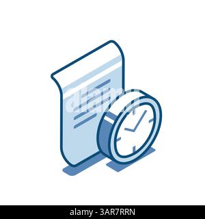 Isometrische Vektoruhr und lineares Dokumentsymbol, in Farbe auf weißem Hintergrund, temporäre Datei oder Dokument Stock Vektor