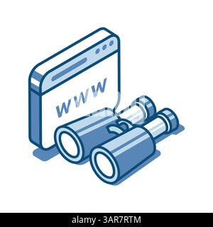 Isometrischer Vektor lineares Symbol des Fernglases und des Browserfensters, in Farbe auf weißem Hintergrund, Suche im Internet Stock Vektor