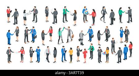 Isometrischer Vektorsatz von Geschäftsleuten in verschiedenen Arbeitssituationen, in Farbe auf weißem Hintergrund, im Büro oder in Arbeitsbeziehungen Stock Vektor