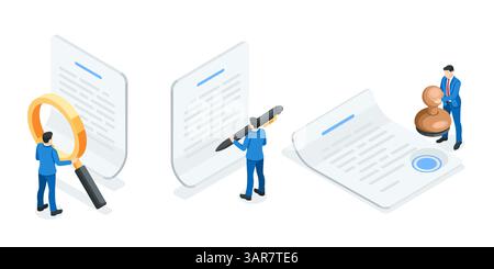 Geschäftsleute mit Stift und Signet stehen in der Nähe eines Papierdokuments, in Farbe auf weißem Hintergrund, unterzeichnen ein Dokument oder einen Vertrag Stock Vektor