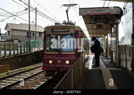 Japan, Tokio, Ikebukuro 2024.03.18 die Toden Arakawa Tram Line, auch als Tokyo Sakura Tram bekannt, führt durch die Metropolregion Tokio. Photogr Stockfoto