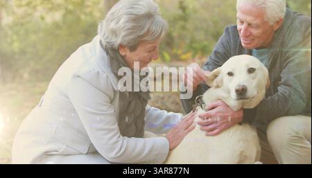Lichtfleck gegen kaukasische Seniorenpaare, die mit ihrem Hund im Garten spielen Stockfoto