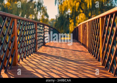 Ruhige herbstliche Holzbrücke mit verschwommenem Wanderhintergrund friedliche saisonale Naturszene rustikaler Waldweg ruhiger Blick auf die Landschaft im Freien. Künstlerisch Stockfoto