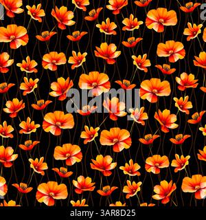 Nahtloses Muster Mit Orangefarbenen Blüten. Handgezeichneter Blumendruck auf schwarzem Hintergrund Stockfoto