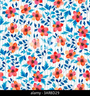 Nahtlose Blumen in Aquarellfarben mit Streifen. Handgezeichnete Digitale Blumenabbildung. Stockfoto